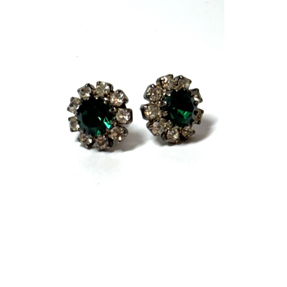 Vintage Emerald Green Rhinestone Stud Earrings Halo Silver Tone